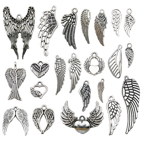 Vintage Silver Color Angel Wings Feather Charms Heart Zinc Alloy Pendants For DIY Jewelry Making