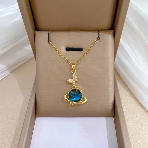 Butterfly Planet Pendant Necklace Stainless Steel Chain Copper Micro Pave Zirconia Blue Starry Galaxy Women Jewelry