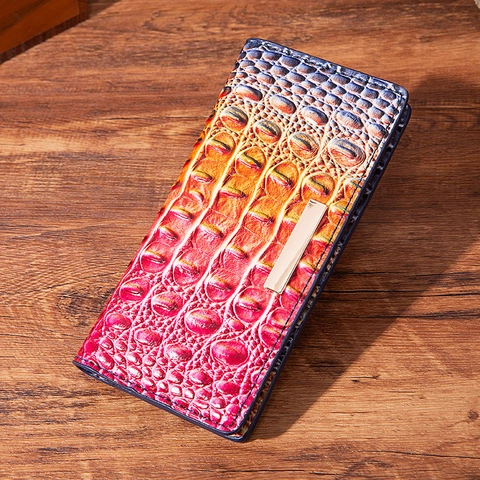 Women Long Wallet Clutch Crocodile Pattern PU Leather Gradient Color Vintage Handbag With Metal Bar Decoration Elegant