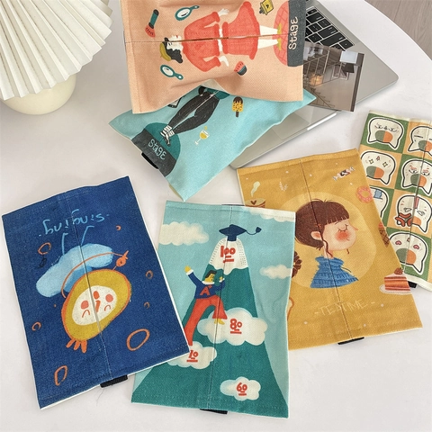 Tissue Box Cover Cotton Linen Hanging Portable Cartoon Print Decorative Bag For Car Home Office Seat Back Desktop Organizer