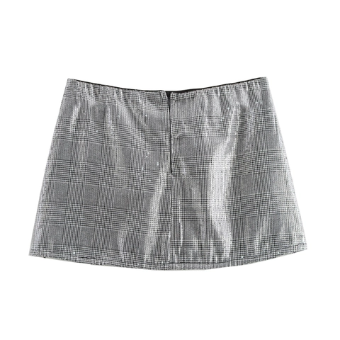 Women Low Waist Sequin Plaid Mini Skirt Pleated Shiny A-Line Short Skirt For Party Night Club Sexy Chic Style
