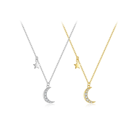 925 Sterling Silver Star Moon Pendant Necklace With Cubic Zirconia Dainty Minimalist Adjustable Chain Jewelry For Women