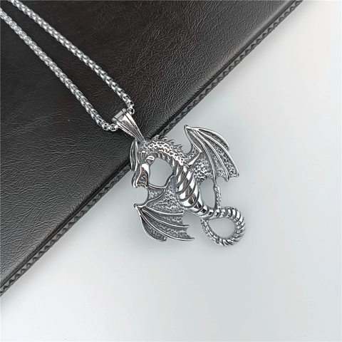 Collar Con Colgante De Dragón Acero Inoxidable 316L Retro Dragón Volador Alado Vikingo Gótico Punk Joyas Para Hombres