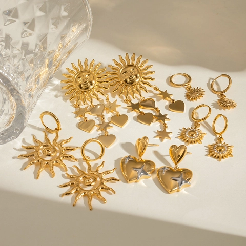 Orecchini In Acciaio Inossidabile Per Donna Vintage Oro Sole Stella Cuore Pendenti Ipoallergenico Gioielli