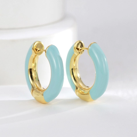 Orecchini a Cerchio in Rame Placcato Oro 18K per Donna Smalto Blu Chiaro Tondo Geometrico a Forma di C Gioielli alla Moda