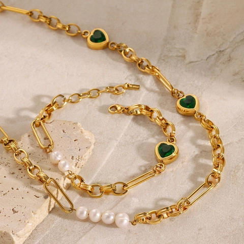 Stainless Steel Heart Necklace Bracelet Jewelry With Green Gemstone And White Artificial Pearl Vintage Elegant Niche For Women