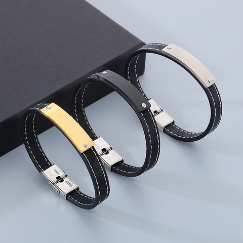 Bracciale In Pelle Da Uomo Piastra In Acciaio Inossidabile Bangle Punk Moda Con Cuciture Bianche