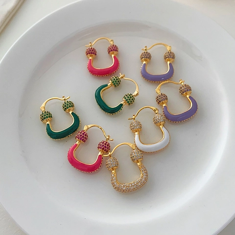 Orecchini a Cerchio in Rame a Forma di U Vintage Lussuosi Smalto Colorato Intarsiato Strass Gioielli di Moda Geometrici Donna