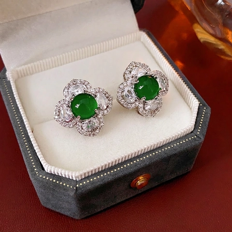 Flower Stud Earrings Copper Zircon Green Gemstone Silver Earring Post Retro Luxury Chic Style Jewelry Women