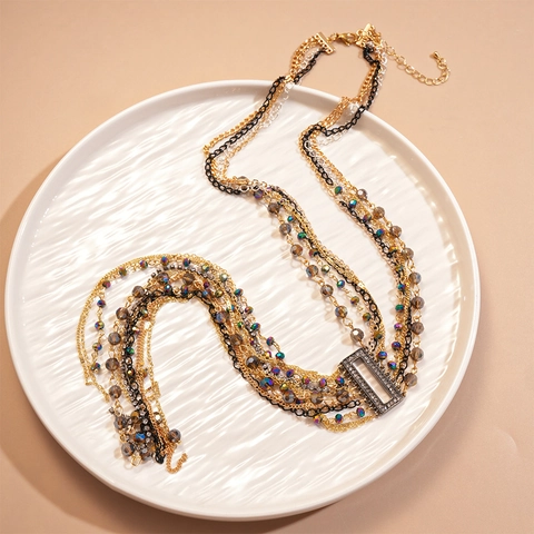 Mehrlagige Quasten Halskette Legierung Straß Glasperlen Geometrischer Rechteckiger Anhänger Statement Schmuck Für Damen