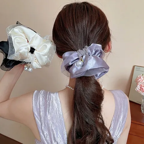Large Satin Organza Scrunchies Elegant Hair Ties With Faux Artificial Pearl Crystal Pendants Elastic Hairbands For Women Girls