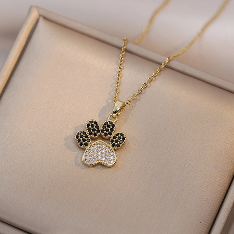 Paw Print Pendant Necklace Zircon Inlaid Stainless Steel Clavicle Chain Fashionable Animal Jewelry For Women Girls