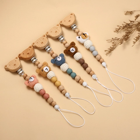 Baby Pacifier Clip Chain Beech Wood Silicone Beads Handmade Crochet Bear Soother Holder Infant Teething Toy
