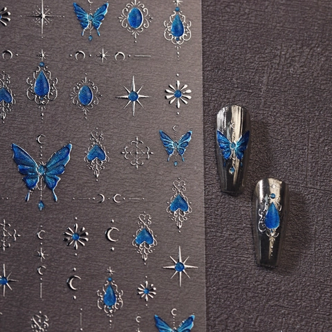 Gotische Blaue Schmetterling Nagelaufkleber 3D Relief Silber Stern Mond Edelstein Retro Selbstklebende Abziehbilder Für Frauen
