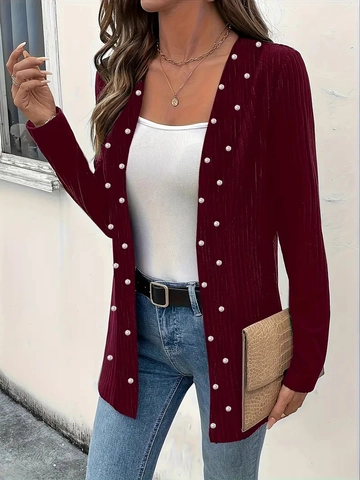 Women Long Sleeve Ribbed Knit Cardigan With Artificial Pearl Beaded Open Front Jacket Elegant Solid Color Fashion Commute Outerwear