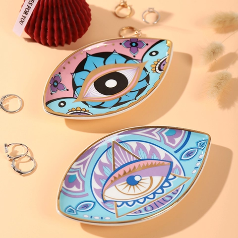 Ceramic Evil Eye Jewelry Tray Gold Rim Mandala Bohemian Trinket Dish Rings Earrings Storage Home Decor Ornament