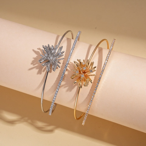 Brazalete De Doble Capa Con Flor De Circón Cobre Ajustable Abierto Joyería Elegante Para Mujeres