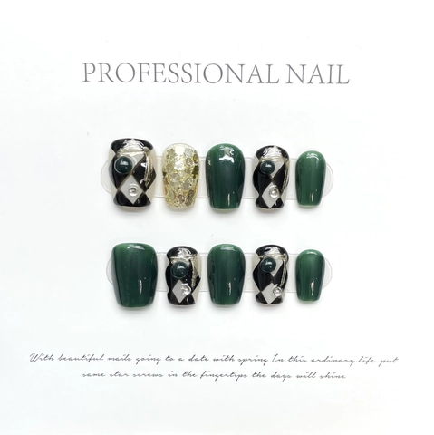Uñas Postizas Hechas A Mano Verde Esmeralda Ojo De Gato Cuadros Cuadrado Redondo Con Diamantes De Imitación Estilo Retro Para Mujeres
