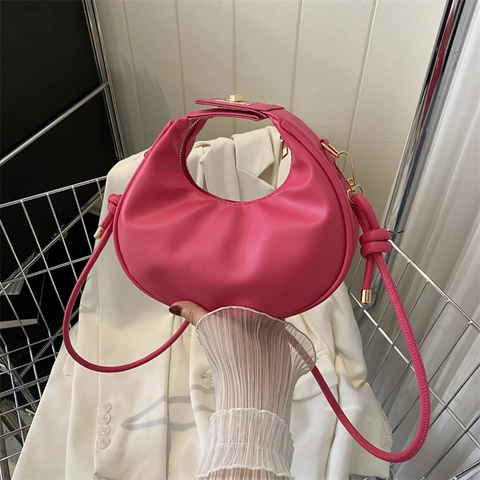 Women Crescent Shoulder Bag PU Leather Knotted Strap Half Moon Handbag For Daily Commute Fashionable Gold Hardware