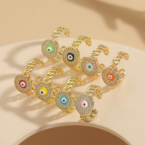 Bague Oeil du Diable en Cuivre Plaqué Or 14K de Luxe pour Femmes Mode Zircone Colorée Incrustée Chaîne Bague Ouverte Ajustable Bijoux