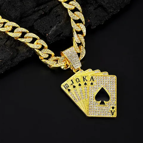 Collana Con Pendente Carte Da Gioco Hip Hop Iced Out Lega Zinco Strass Royal Flush Picche Catena Cubana Gioielli