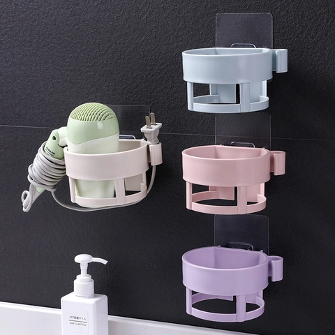 Wall Mounted Hair Dryer Holder Punch Free Plastic Bathroom Storage Rack With Cable Hook Nordic Style Waterproof
