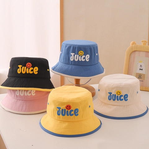 Kinder Baumwolle Fischerhut Juice Buchstaben Smiley Bestickt Mode Sonnenschutz Outdoor Sonnenhut Für Jungen Mädchen