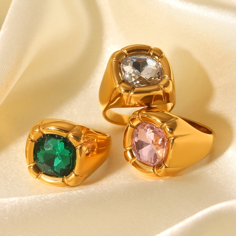 Vintage Klobiger Edelstahlring Vergoldet Zirkon Eingelegt Geometrischer Siegelring Schmuck Für Frauen Modeaccessoire