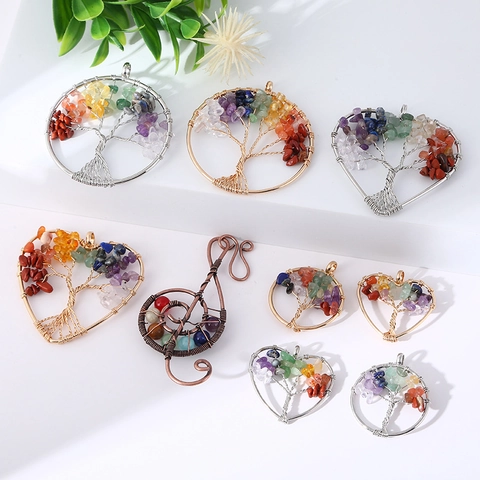 Handmade Tree Of Life Pendant Necklace Natural Crystal Chips Wire Wrapped Heart Round Shape Chakra Healing Jewelry For Women