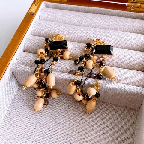 Boucles D'oreilles À Pompons Vintage Avec Pierre Carrée En Verre Perles En Bois Et Tige En Argent Sterling 925 Bohème