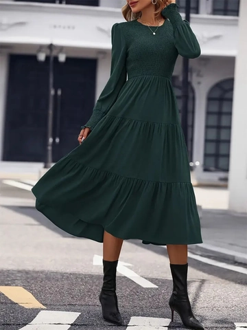 Dames Jurk Lange Mouwen Gesmokt Gelaagde Midi Polyester Elegant Ronde Hals Effen Groen Kantoor Woonwerk