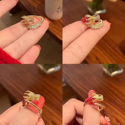 Anillo Abierto De Dragón Chino Chapado En Oro De 18K Cobre Esmalte Rojo Circonita Blanca Ajustable Joyería Mujeres