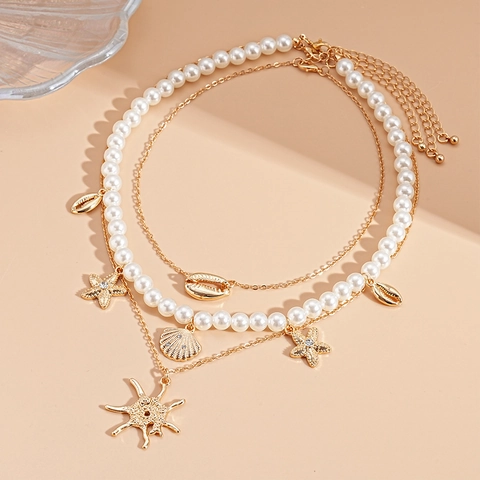 Collier Multirang Bohème Pendentifs Étoile De Mer Coquillage Künstliche Perles D'imitation Alliage Strass Bijoux De Plage Vacances Pour Femmes