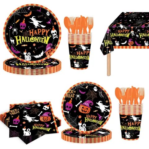 Stoviglie Per Feste Halloween Tovaglia Piatti Di Carta Bicchieri Tovaglioli Coltelli Forchette Cucchiai Di Plastica Zucca Strega Modello Usa E Getta
