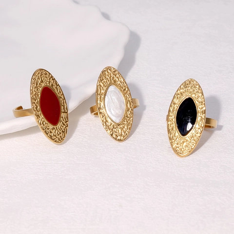 Vintage Ovaler Emaille Offener Ring Edelstahl 18K Vergoldet Gehämmerte Textur Retro Verstellbarer Schmuck Für Damen