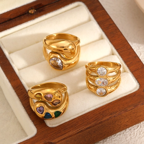 Chunky Stainless Steel Rings For Women 18K Gold Plated Zircon Colorful Heart Gemstones Luxury INS Wavy Design Band