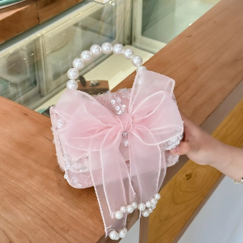 Girls Handbag Kids Crossbody Bag Tweed Lace Artificial Pearl Handle Bowknot Princess Sweet Fashion Party Accessories For Children