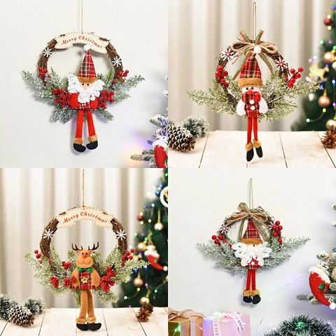 Ghirlanda Di Natale Rattan PVC Aghi Di Pino Ornamento Peluche Babbo Natale Pupazzo Di Neve Renna Decorazione Sospesa Casa