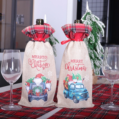 Weinflaschenhülle Weihnachten Sackleinen Geschenkbeutel Blau LKW Zwerg Muster Karo Kordelzug Feiertagstisch Abendessen Deko
