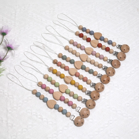 Baby Pacifier Clip And Teether Silicone Beads Beech Wood Anti-Drop Chain Handmade Morandi Color Infant Newborn