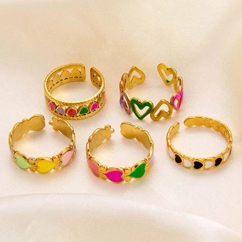 Stainless Steel Gold Plated Adjustable Open Ring Heart Shape Colorful Enamel Jewelry Gift For Women Elegant