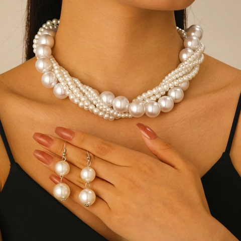 Elegant Artificial Pearl Jewelry Set Rhinestone Disco Ball Necklace Earrings Bracelet For Women Wedding Banquet Jewelry