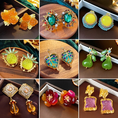 Orecchini A Lobo Vintage Fiore Ananas Con Strass Resina E Perno In Argento Gioielli Eleganti Per Donne