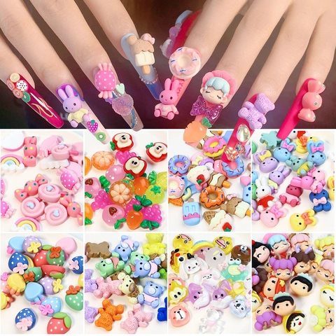 Ρητίνη Nail Art Charms Κινούμενα Σχέδια Μικτή Διακόσμηση Kawaii DIY Αξεσουάρ Μανικιούρ Χαριτωμένο Φρούτο Ζώο Ανάγλυφα