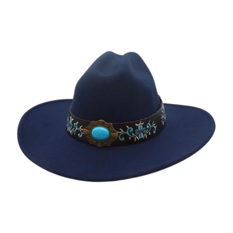 Cappello Da Cowboy Western Vintage Etnico Ricamo Floreale Pietra Turchese Decorativo Tesa Larga Feltro Lana Fedora