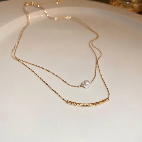 Double Layer Necklace With White Artificial Pearl And Textured Curved Metal Bar Minimalist French Retro Jewelry For Women