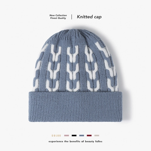Winter Knitted Beanie Hat Thickened Fleece Lined Warm Jacquard Pattern Imitation Cashmere Folded Cuff Fashion Unisex Cap