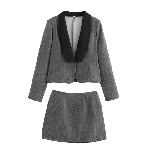 Elegant Dames Polyester Visgraat Tweed Rokpak Blazer Jas En Minirok Professionele OL Stijl Contrast Kraag