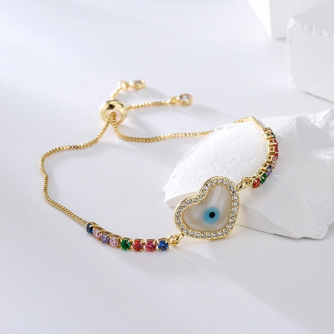 Evil Eye Armband Voor Dames Kleurrijke Zirkonia Ingelegd Koper Verguld Verstelbare Schuifketting Mode-Sieraden