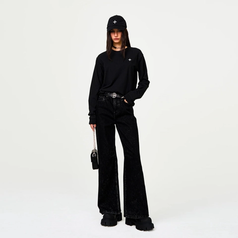 Sudadera De Algodón Para Mujer Bordado De Cruz Manga Larga Cuello Redondo Holgada Streetwear